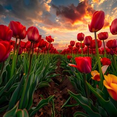 A vibrant field of red tulips at sunset, with the colorful flowers stretching into the horizon under a dramatic, cloud-filled sky.