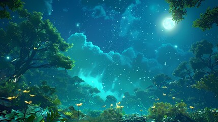 A serene night scene showcasing a starry sky above lush trees, illuminated by moonlight and soft glowing elements.