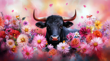 A bull is surrounded by a field of flowers, with a pink background. The bull is the main focus of...