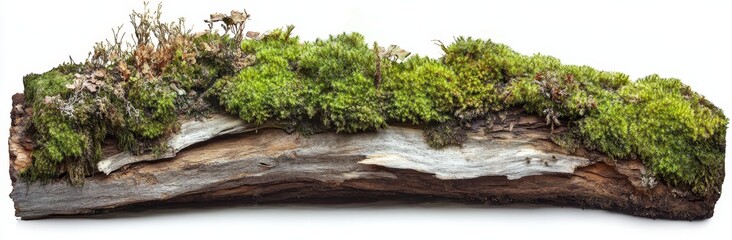 Fototapeta premium Green moss on rotten branches of a plant on a white background.