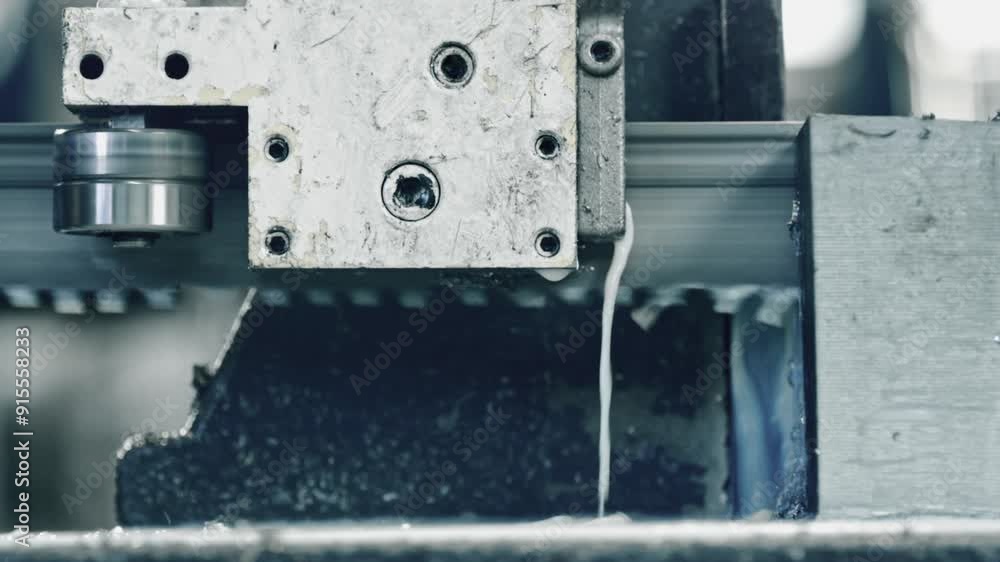 Poster precision engineering and automation in manufacturing: cnc machine processes metal with cooling flui