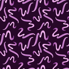 Multicolored watercolor flying wavy lines. Purple squiggles seamless pattern. Simple geometric shapes. Abstract brush strokes. Scribble for party, birthday package. Illustration on black background