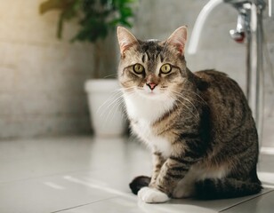 Naklejka premium Sad cat sitting on bathroom floor, looking tired and sad