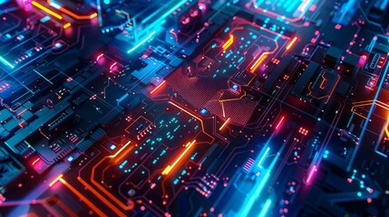 Obraz premium technological background with original code lines, dark and vibrant neon elements, detailed and intricate patterns, dynamic and futuristic, high contrast and vivid