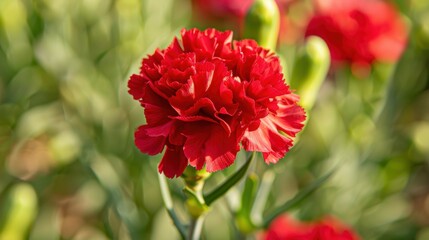 Vibrant Red Carnation Flower with Lush Green Leaves Close-Up in Natural Light
