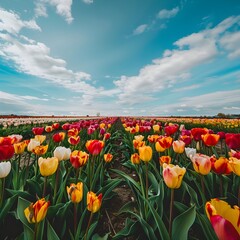 A vast field of vibrant tulips under a bright blue sky with scattered clouds.