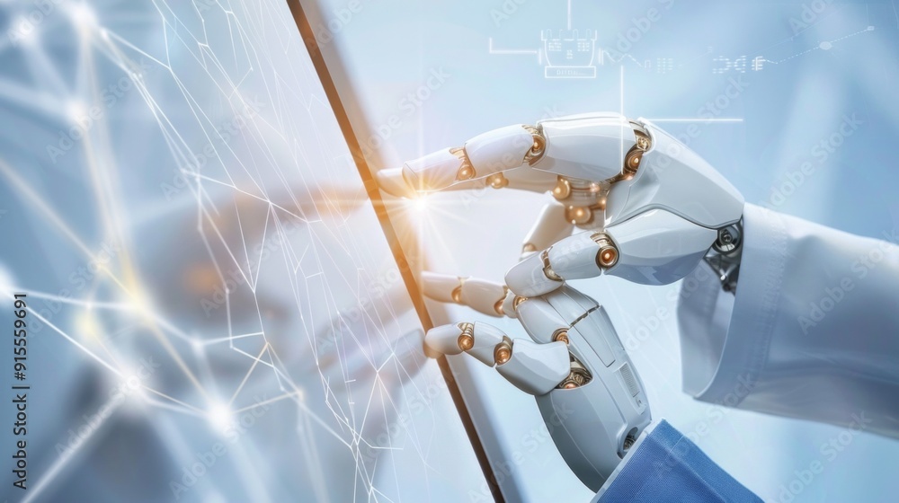 Poster a robot is touching a screen with a white hand