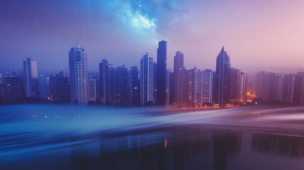 Fototapeta premium Cityscape with skyscrapers lighting up at twilight under a starry sky