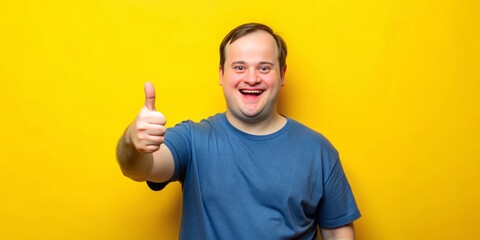 Naklejka premium Smiling man with Down syndrome stands confidently against a bright yellow background, enthusiastically giving a thumbs up gesture, exuding joy and positivity.