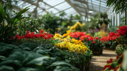 Sunlit greenhouse filled with vibrant red flowers and lush green plants.