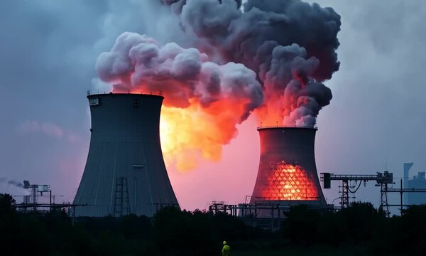 Industrial Inferno: The ominous glow of a burning power plant casts a dark shadow, a stark reminder of the potential consequences of unchecked industrial development and the urgency of finding sustain