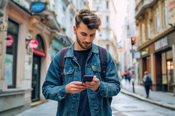Obraz premium Man in denim jacket using smartphone in historic city