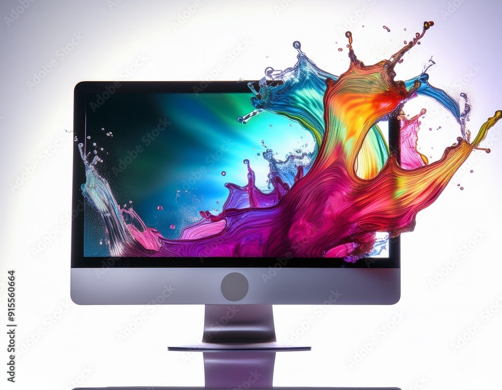 Poster a computer monitor with a colourful liquid splash