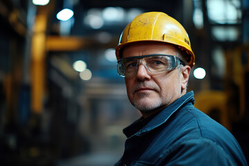 Middle-aged steel plant worker wearing safety glasses and a yellow helmet, confidently facing the camera with a blurred industrial background. Emphasizes safety and industry expertise.