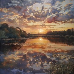 A tranquil sunset scene over a calm lake with trees reflecting on the water, the sky filled with soft clouds.