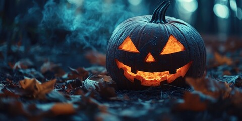 Fototapeta premium A carved Halloween pumpkin sits atop a pile of colorful leaves, perfect for autumn or fall-themed designs