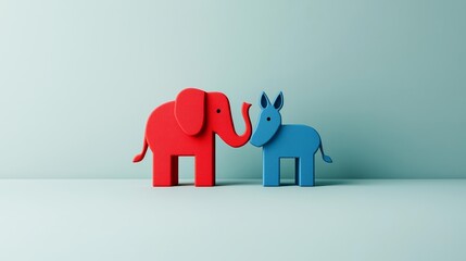 Symbolic digital art of a red elephant and blue donkey, icons of Republican and Democrat parties, vivid colors, detailed rendering, political theme