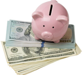 Pig piggy bank on the background of 100 US dollar bills and physical coins of bitcoins