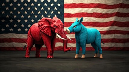 Symbolic showdown between a red elephant and blue donkey, digital art, vivid American flag background, strong visual impact, dynamic pose