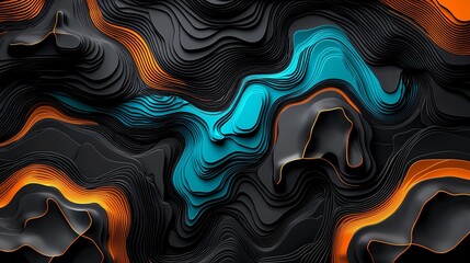 Abstract background with black, white, orange and blue wavy lines.