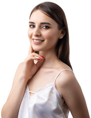 Naklejka premium Beautiful smiling woman with clean skin, natural make-up and white teeth on a gray background