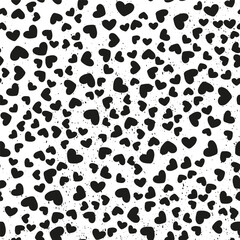 Seamless pattern with black and white ditsy hearts and grunge texture. Romantic monochrome repeat background.