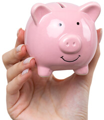 3d pink piggy bank in the beautiful hands of a girl..Close-up photo on a white background.