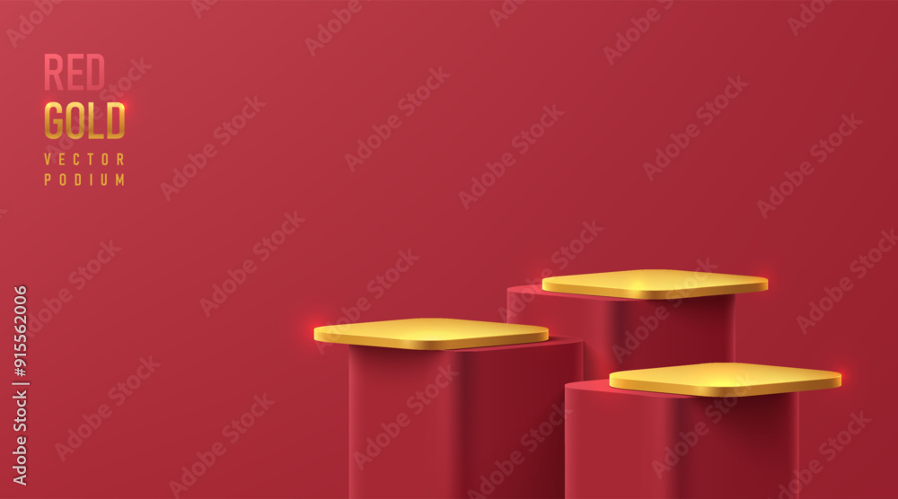 Wall mural realistic 3d round corner cube stand podium set in red and golden on dark red wall scene. minimalist