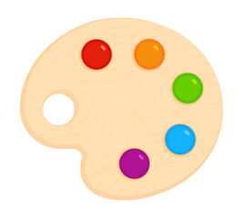 Fototapeta premium Wooden artist's palette with colorful paint blobs. Flat vector illustration isolated on white background. Art and creativity concept. Perfect for educational materials and design projects