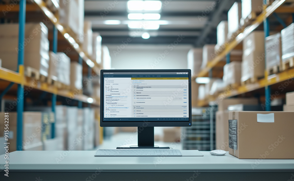 Poster computer monitor displaying inventory charts in a large warehouse with shelves of boxes.
