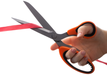 Cutting a red ribbon with scissors on a white background. Opening procedure, inauguration, new project.