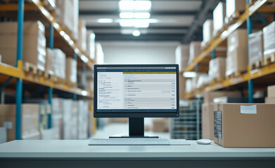 Computer monitor displaying inventory charts in a large warehouse with shelves of boxes.