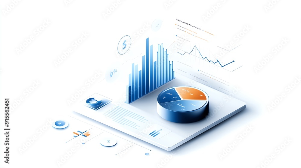 Poster abstract 3d rendering of a pie chart and bar graph, representing data and growth.