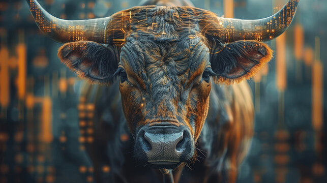 Close-up of a bull symbolizing a bullish market trend, with digital financial data overlay representing stock market growth