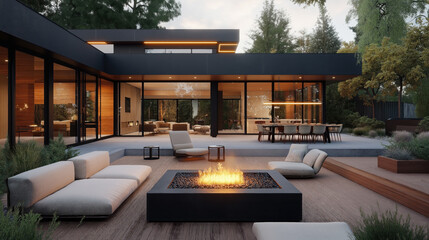 Modern outdoor patio with a fire pit, surrounded by contemporary furniture, facing a house with large glass windows and a well-lit interior.