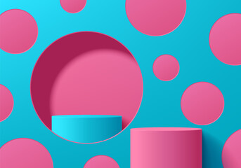 Realistic 3D blue cylindrical podium background with pink polka dots on blue wall scene. Minimalist 3D mockup pedestal, Abstract product display presentation, Stage showcase. Platforms vector design.
