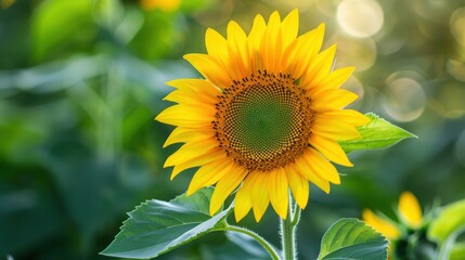 Obraz premium Vibrant Yellow Sunflower Blooming with Lush Green Leaves in Close-up Detail