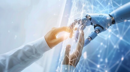 A robot is touching a human hand