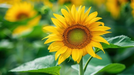 Obraz premium Vibrant Close-up of Yellow Sunflower with Lush Green Leaves in Natural Sunlight