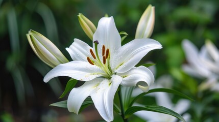 Fototapeta premium Delicate Blooming White Lily in Close-up Detail