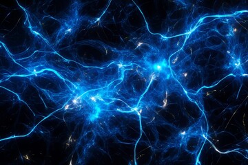 A seamless dark blue background with electric glowing lightning flares effect tileable magical neon energy field burst or plasma storm pattern, powered by generative AI.