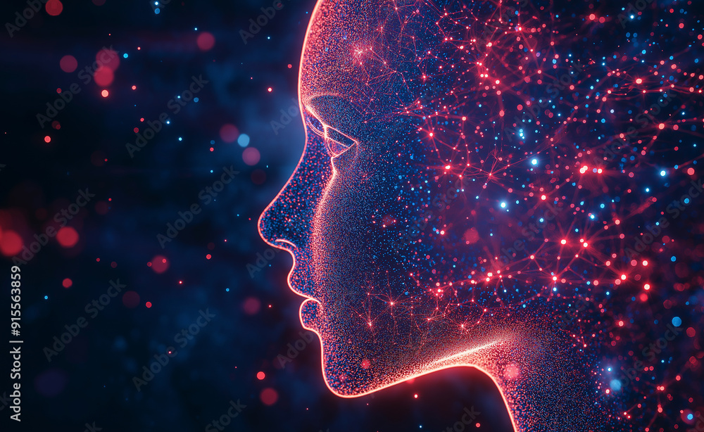 Poster digital profile of a human face with glowing red and blue particles emanating from it.