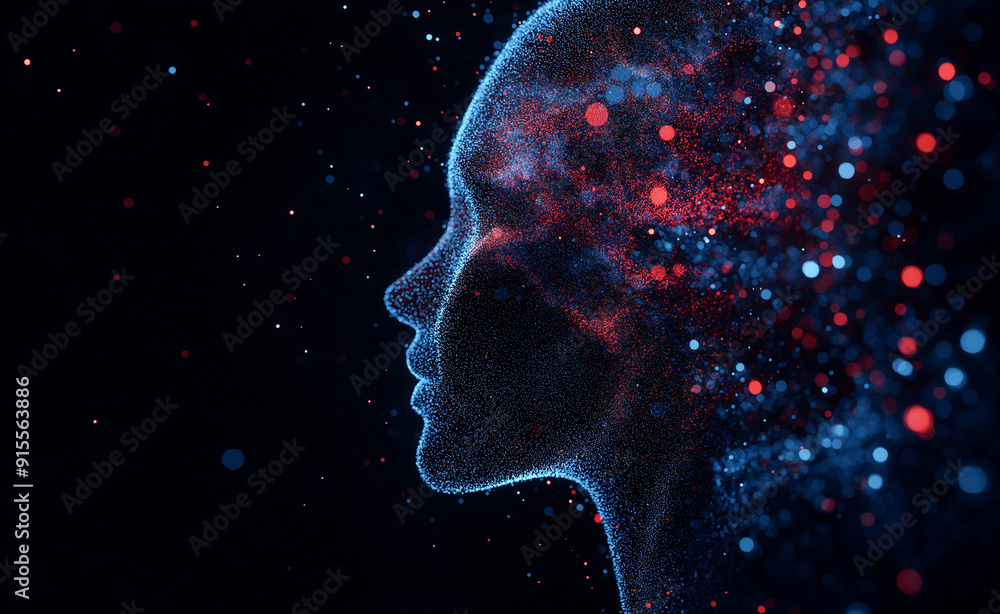 Poster digital profile of a human face with glowing red and blue particles emanating from it.