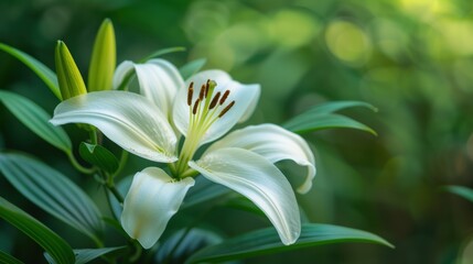 Fototapeta premium Serene Close-up of White Lily with Lush Green Leaves in Natural Light