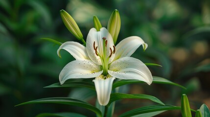 Fototapeta premium Elegant Close-up of White Lily Flower with Vibrant Green Leaves in Detail