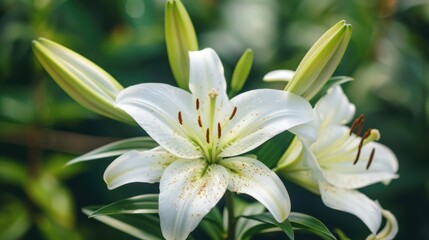 Fototapeta premium Delicate White Lily Blossom with Green Leaves Close-Up in Natural Light