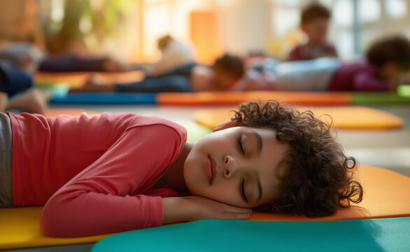 Young child napping peacefully on a colorful mat in a bright room.