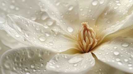 Fototapeta premium Serene Beauty: Close-up of a White Magnolia Blossom with Glistening Water Droplets