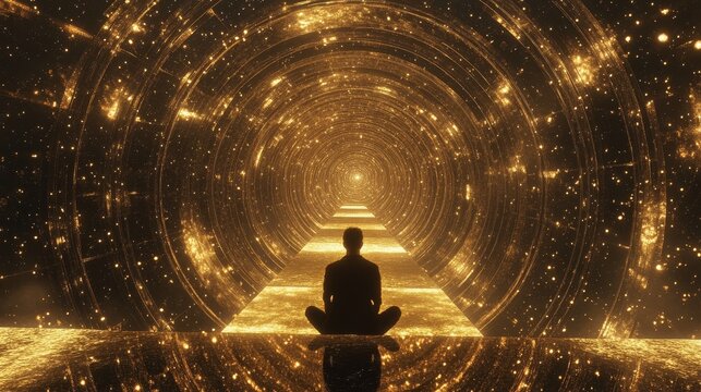 Spiritual practice of meditating in a sacred place filled with golden sparkles.