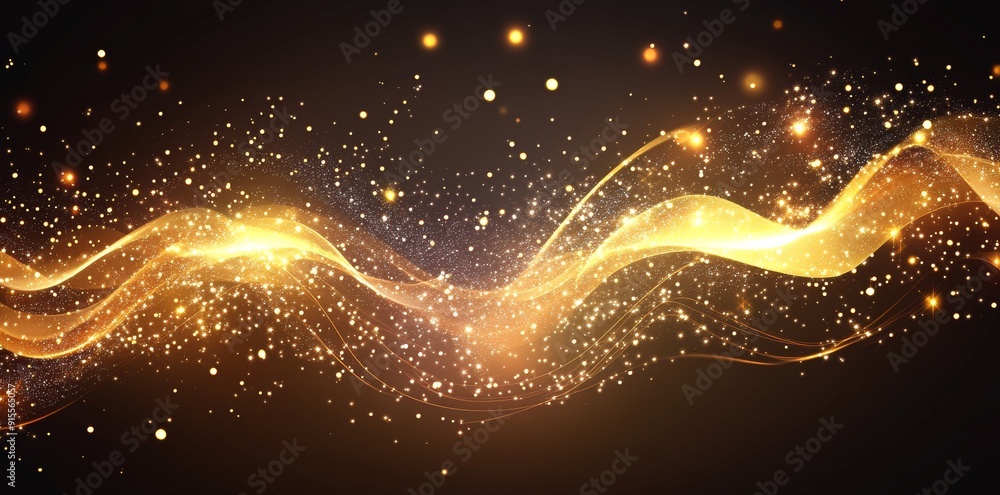 Sticker Modern illustration with a shining golden trail, dynamic dust and stars, and sparkling wavy light effects. Christmas lights.